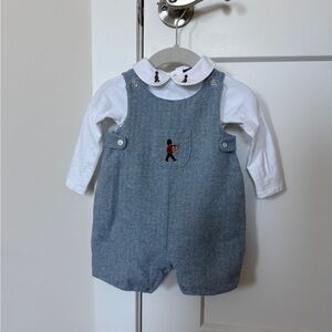 Trotters London Little Archie Guardsman Romper, Pale Blue Herringbone